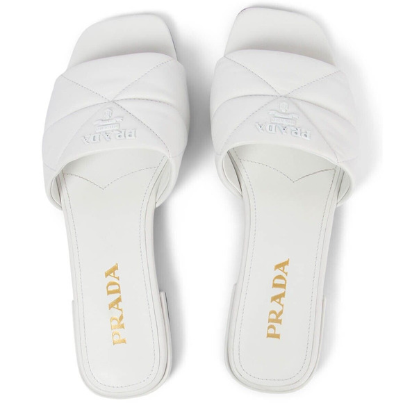 Prada White 55mm Quilted Nappa Leather Logo Slide Sandal Flat Sabots Mule 39.5 - Picture 12 of 16